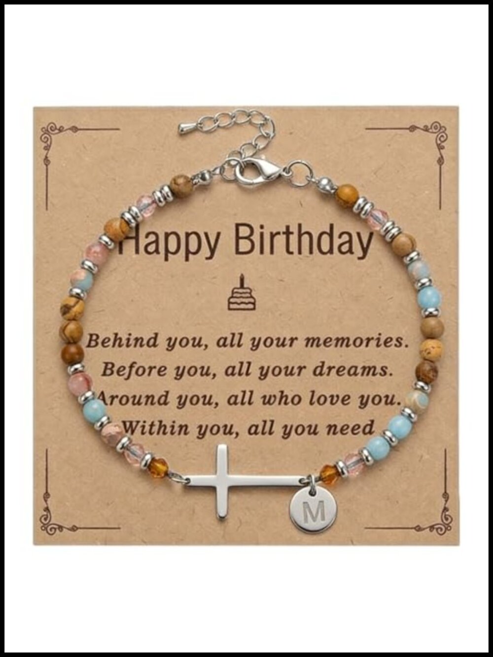 Personalized Initial Cross Bracelet Natural Stone Beads Faith Gift